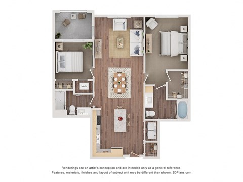 Floor plan for 2 beds, 2 baths, 990 sqft